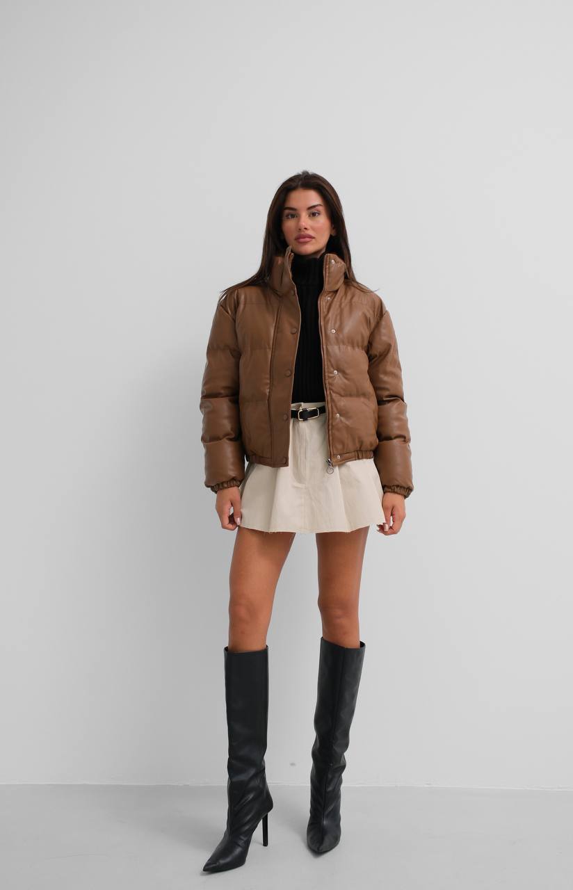 Brown Faux Leather Puffer Coat