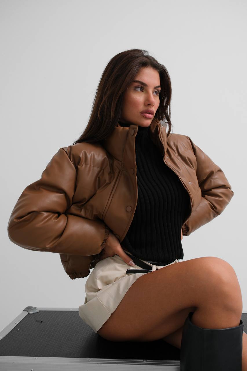 Brown Faux Leather Puffer Coat