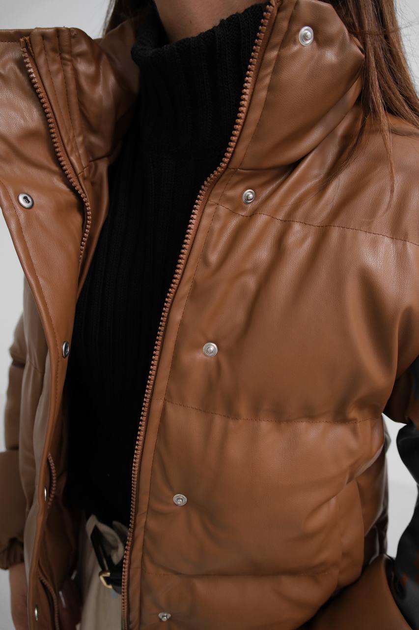 Brown Faux Leather Puffer Coat