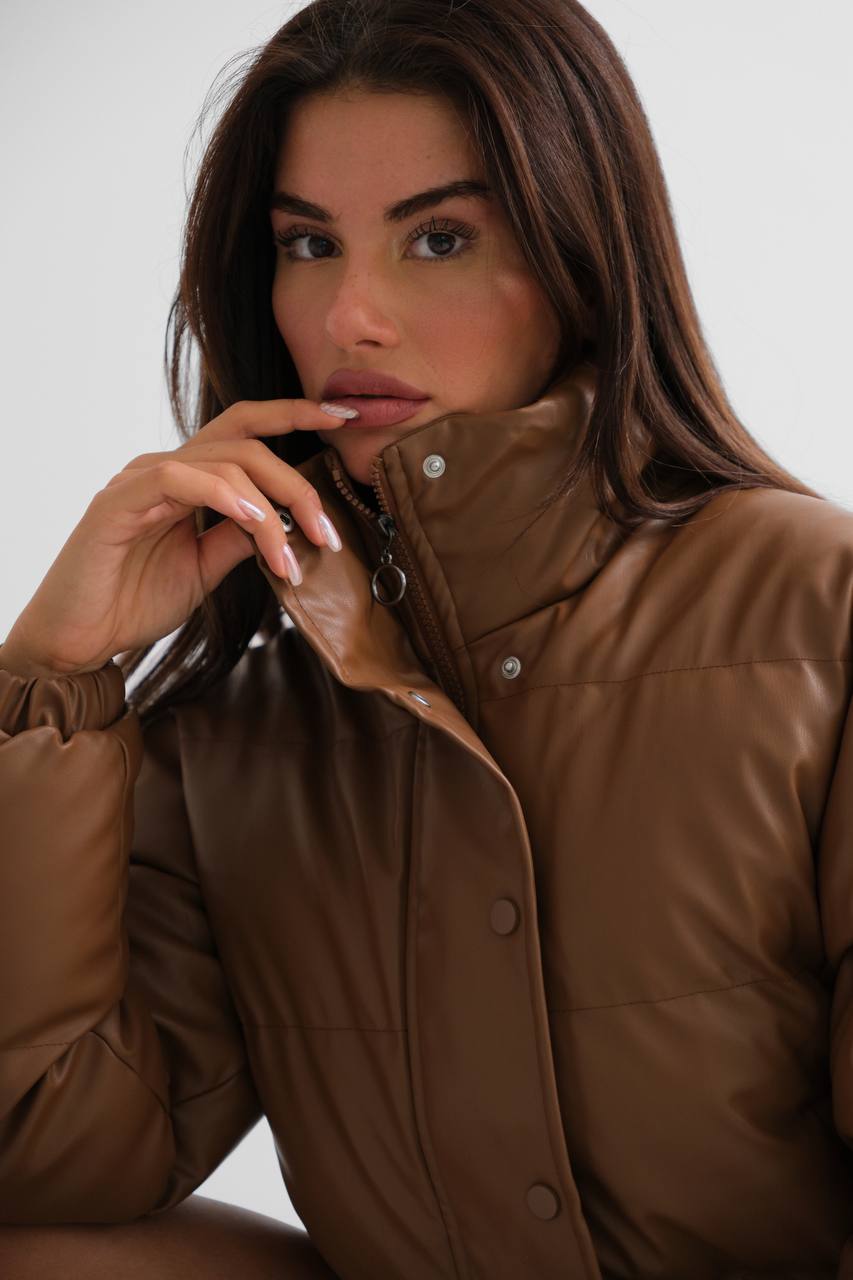 Brown Faux Leather Puffer Coat