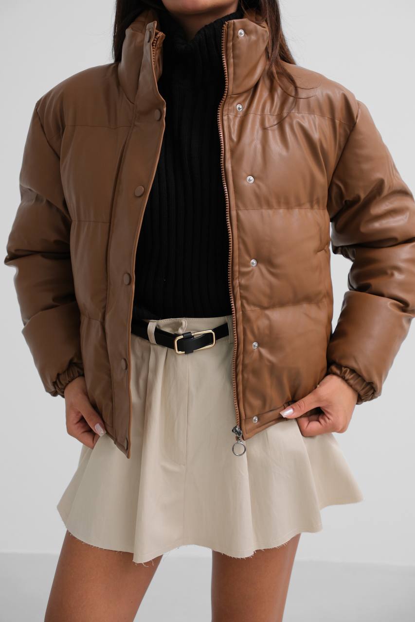 Brown Faux Leather Puffer Coat