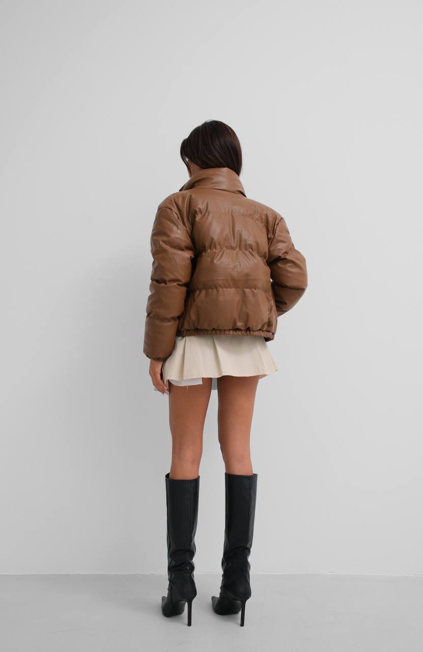 Brown Faux Leather Puffer Coat