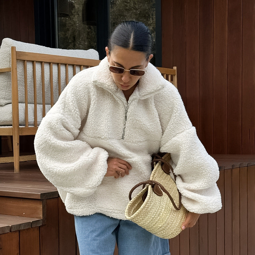 Fluffy White Half-Zip Sweater