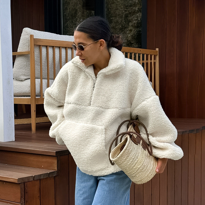 Fluffy White Half-Zip Sweater