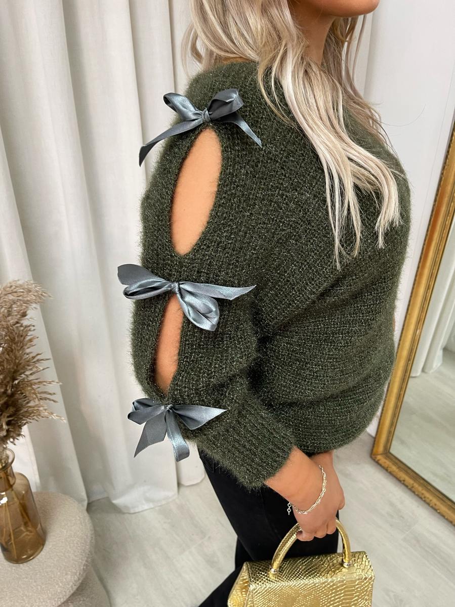 Cut Out Tie Bow Sleeve Detail Chunky Knitted Top