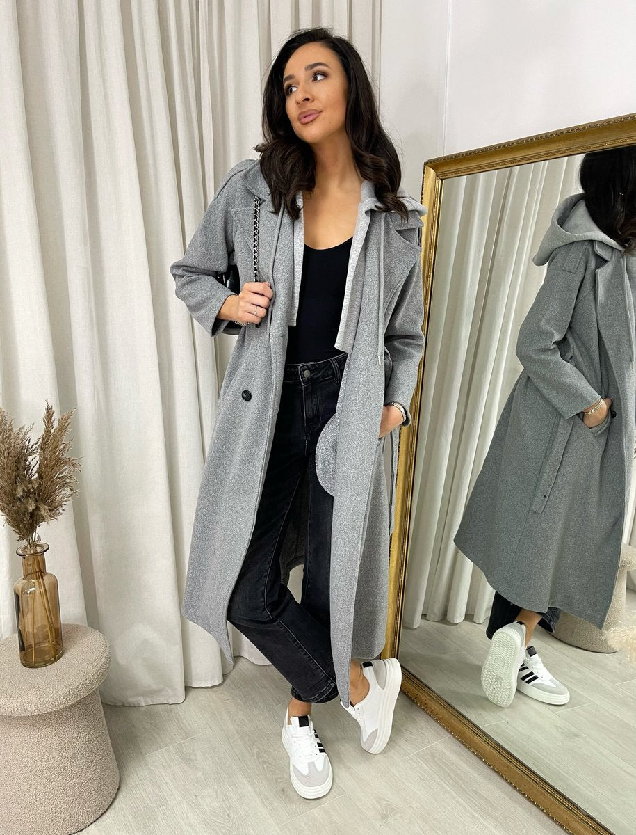 Belted Button Hooded Trench Coat