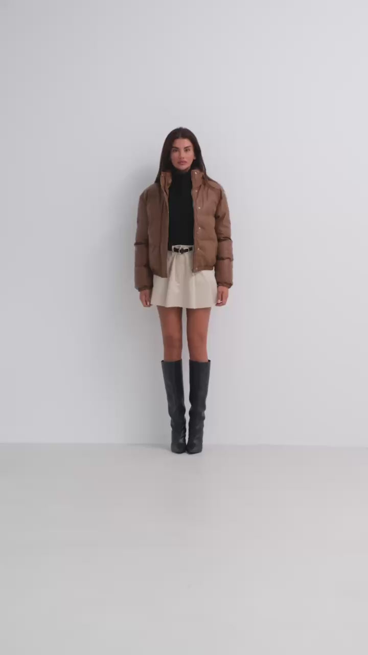 Brown Faux Leather Puffer Coat